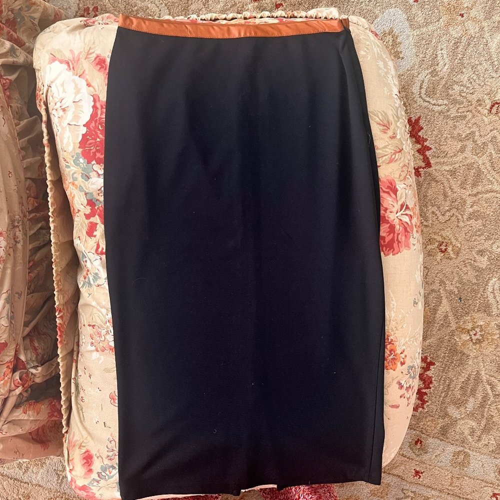 Black Pencil Skirt w/brown  leather-like waistband.